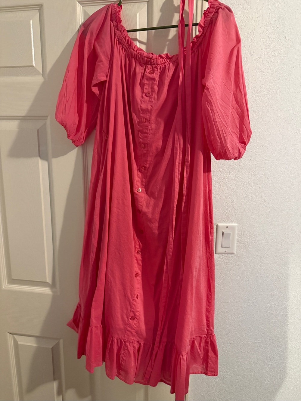 New York & Company Coral Pink Off-Shoulder Button-Front Midi Dress